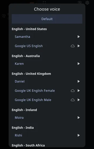 The Choose voice sheet, with voices grouped under English - United States, English - Australia and English - United Kingdom headings. Samantha and Daniel come before the Google voices, which carry a cloud icon.