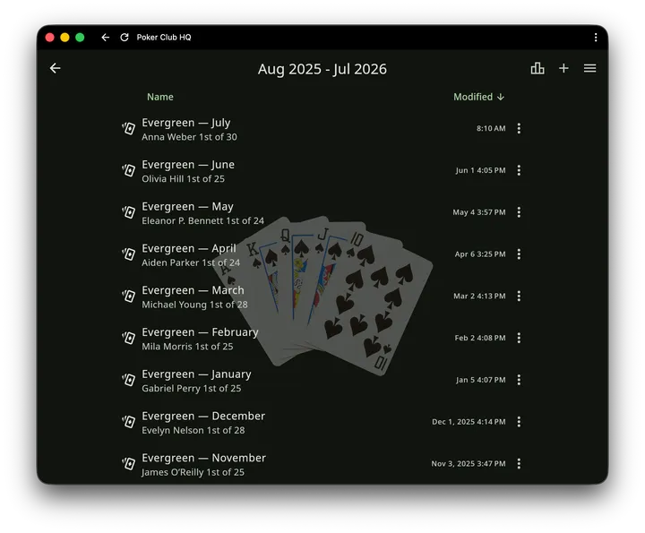 A season folder of monthly tournaments with the Club stats leaderboard button in the top bar