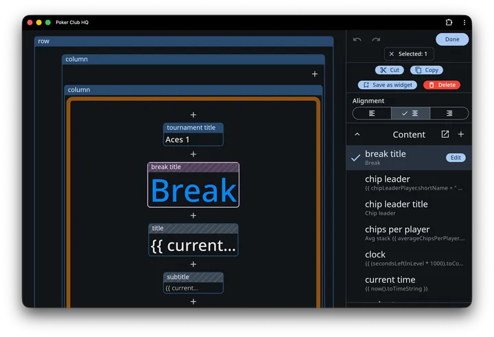 The Content setting expanded in the editing panel, listing content items by name with their values beneath, the selected one checked and carrying an Edit button