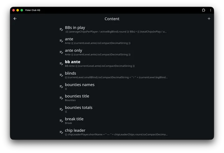 The Manage content screen listing every content item alphabetically with its value beneath, with the edited bb ante item shown in bold