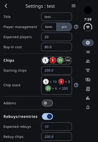 Settings on the cover display of the iPhone Duo, with icons for the tournament's other screens in the vertical bar