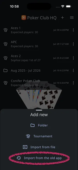 The Add new sheet with Import from the old app at the bottom