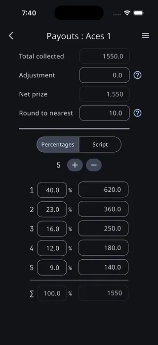 The Payouts screen in Percentages mode, with five editable percentage and amount fields and buttons to add or remove positions