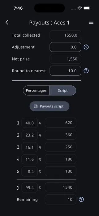 The Payouts screen in Script mode, with read-only percentages and amounts, a Payouts script button, and a Remaining row