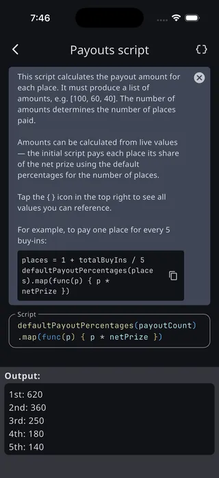 The Payouts script editor, with a tip explaining the script, a copyable example, the script field, and the resolved payouts below