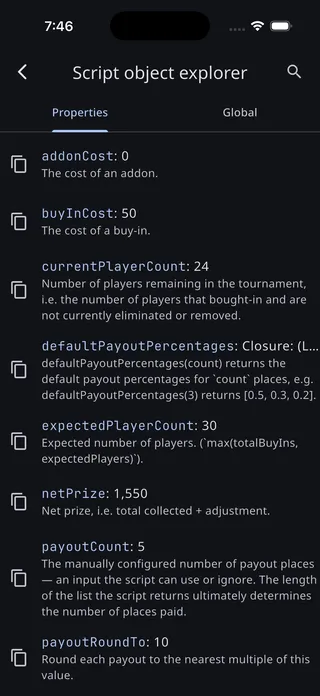 The script object explorer listing the values a payout script can reference, with descriptions and current values
