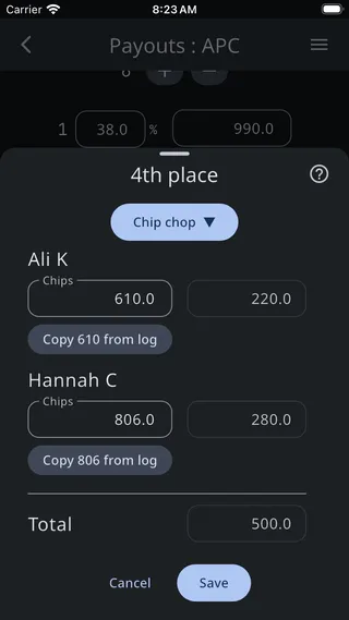 The chop settings sheet for 4th place set to Chip chop, with a Chips field, a payout, and a Copy from log button for each of the two players