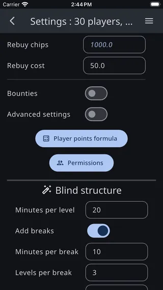 Tournament Settings screen with the Permissions button highlighted
