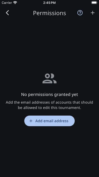 Empty Permissions screen with an Add email address button