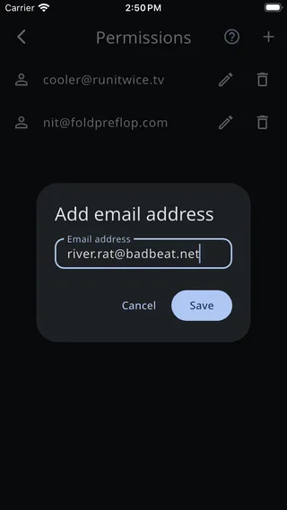 Add email address dialog with an email entered