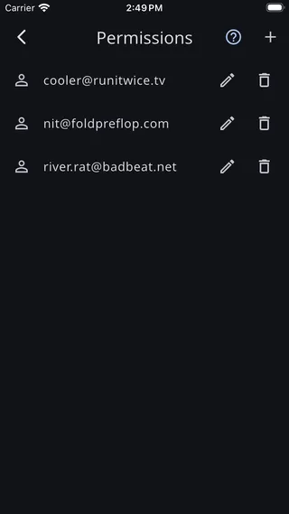 Permissions screen showing three email addresses with edit and remove buttons