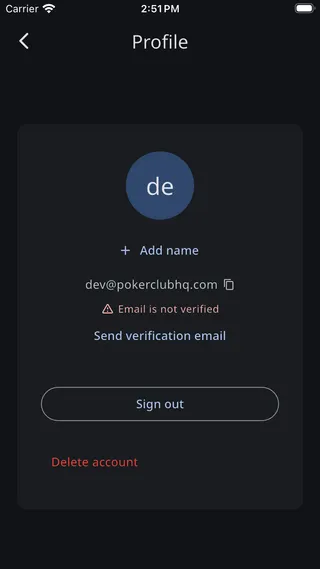 Profile screen showing the email address with a copy icon, an Email is not verified warning, and a Send verification email button