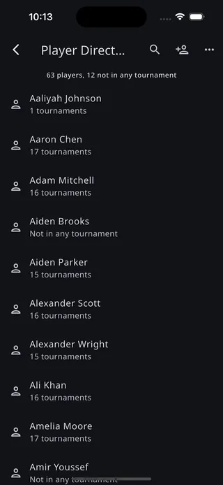 The Player Directory list showing a player count summary and each player's tournament count