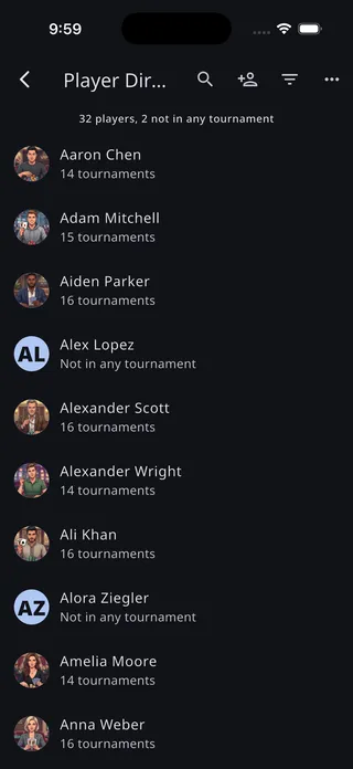 The Player Directory list showing a player count summary and each player's photo and tournament count