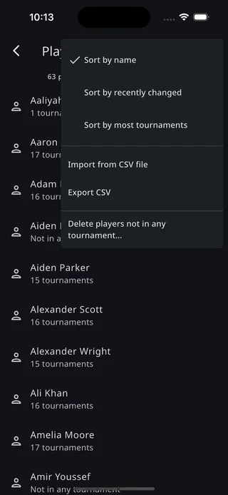 The Player Directory menu with sort options, CSV import and export, and bulk delete