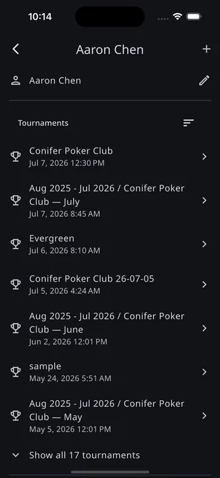 A player's details screen showing their name and the tournaments they appear in