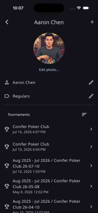 A player's details screen showing their name and the tournaments they appear in