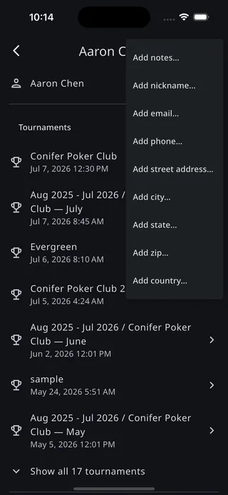 The add menu on a player's details screen listing notes, nickname, email, phone, and address fields