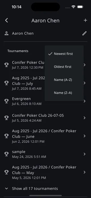 The tournament list sort menu with newest first, oldest first, and name ordering
