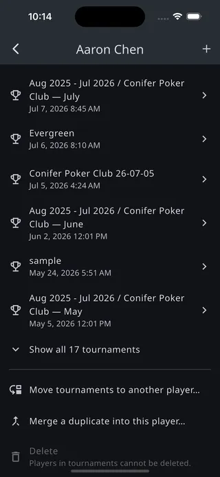 The bottom of a player's details screen with move tournaments, merge, and delete actions