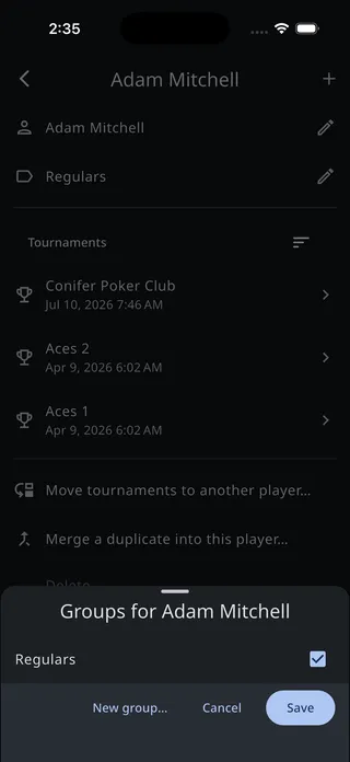 The groups sheet on a player's details screen with a checkbox per group and New group, Cancel, and Save buttons