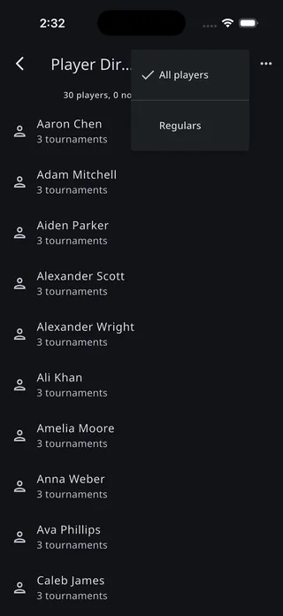 The group filter menu in the Player Directory with All players checked and a Regulars group below