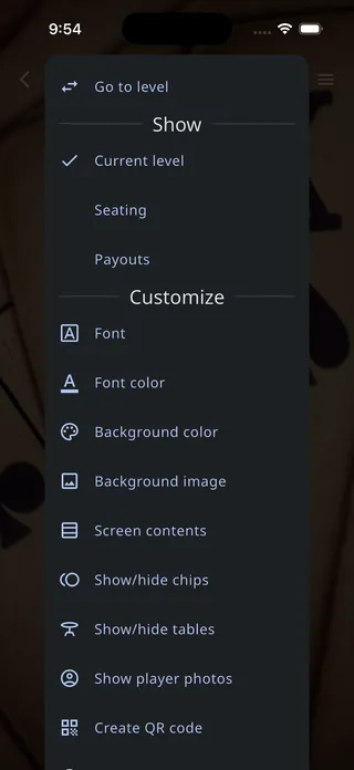 The timer's Show menu with the Show player photos option in the Customize section