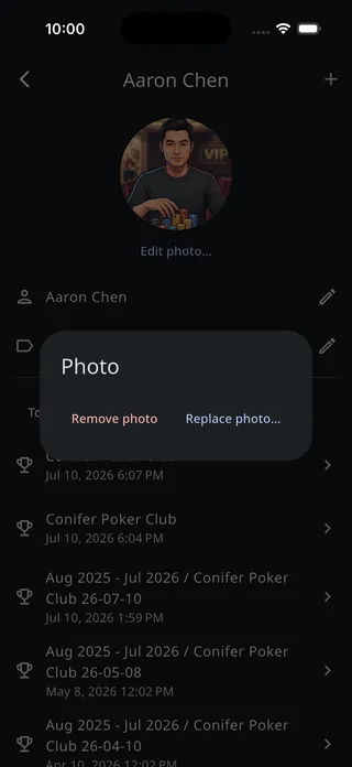 The photo dialog with Remove photo and Replace photo choices