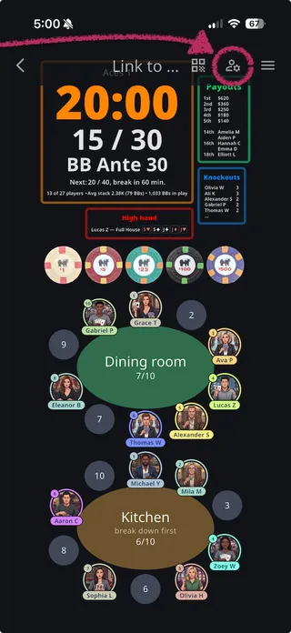 A connected read-only timer with the My player profile button highlighted in the app bar