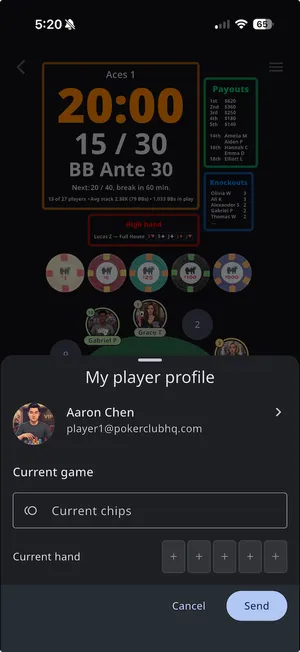 The My player profile sheet with a Current game section for chips and hand and a profile summary below