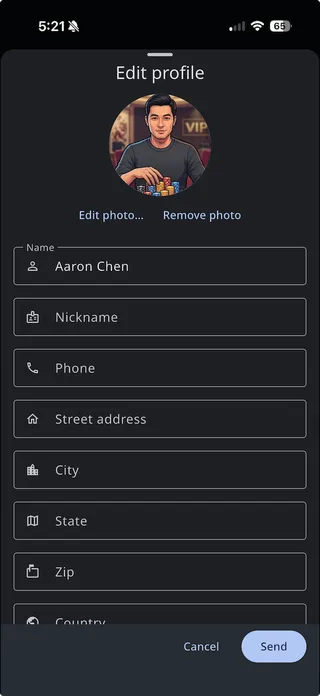 The Edit profile sheet with fields for photo, name, nickname, phone, and address