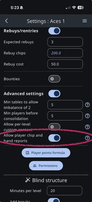 The Advanced tournament settings with the Allow player chip and hand reports switch turned on