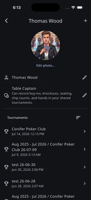 A player's details screen with the role row showing Table Captain and its description