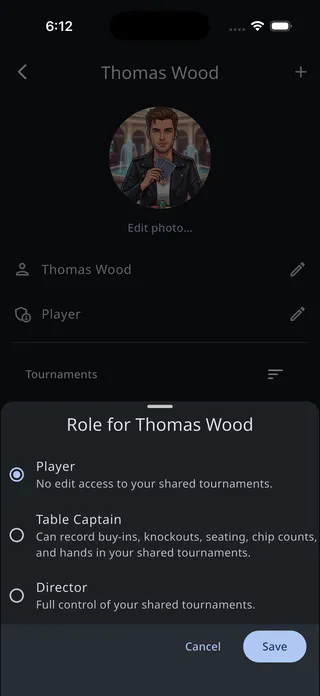 The role picker with Player, Table Captain, and Director options and a description under each