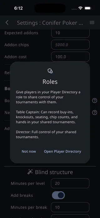The Roles dialog opened from tournament Settings, with a Not now and an Open Player Directory button