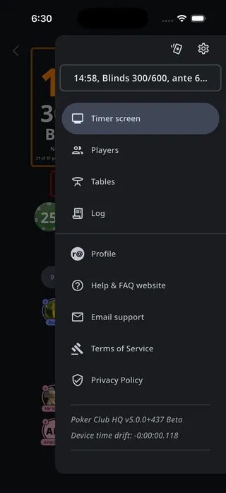A Table Captain's navigation drawer showing only Timer screen, Players, Tables, and Log