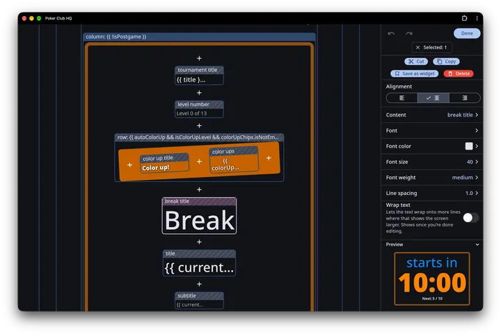 A single text cell selected, with the editing panel listing Alignment, Content, Font, Font color, Font size, Font weight, Line spacing and Wrap text