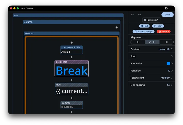 A single text cell selected, with the editing panel listing Alignment, Content, Font, Font color, Font size, Font weight and Line spacing