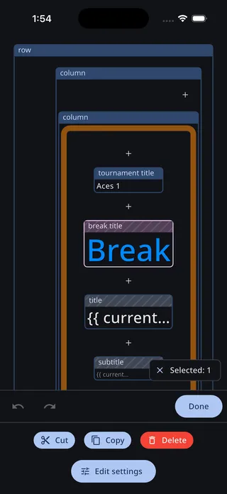Edit mode on a phone: the timer above, with Undo, Redo and Done, then Cut, Copy, Delete and an Edit settings button below