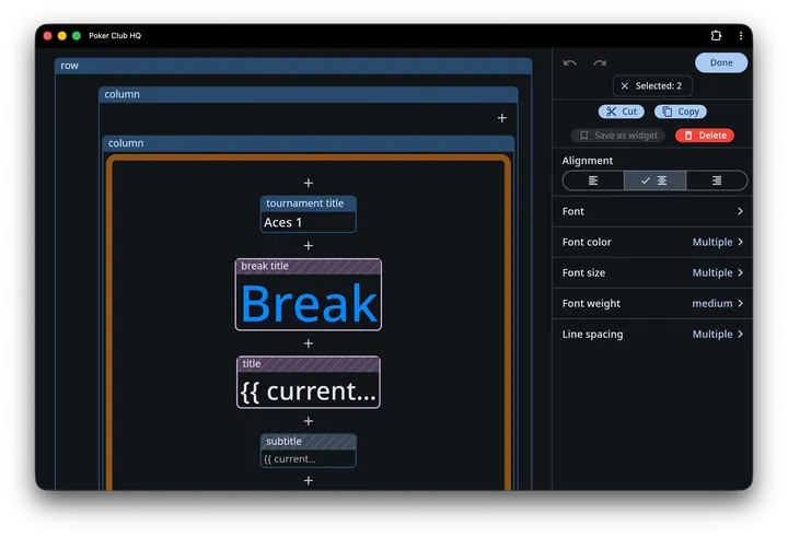 Two cells selected: the chip reads Selected: 2, Save as widget is greyed out, and Font color, Font size and Line spacing all read Multiple