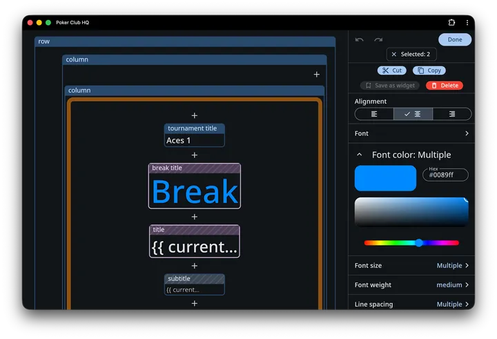 The Font color setting expanded inline in the editing panel, showing a collapse chevron, a hex field, and a colour picker, with the other settings still listed below