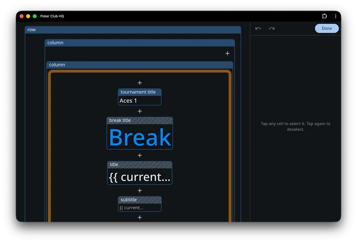 Edit mode on a wide screen: the outlined timer cells on the left, and an editing panel on the right reading Tap any cell to select it. Tap again to deselect.