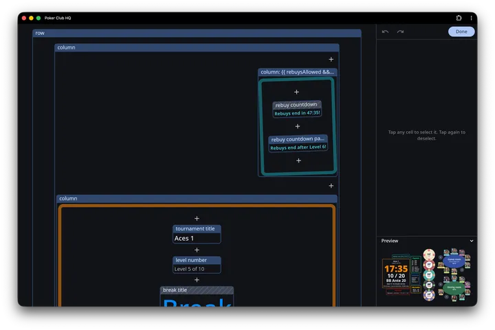 The editing panel on a wide screen, with the cell settings above and a small live preview of the finished timer screen docked at the bottom under a Preview header