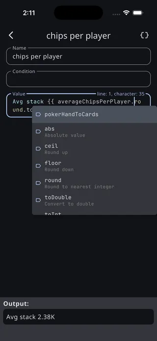 The content editor mid-type, with an autocomplete list offering abs, ceil, floor, round and toDouble, each with a short description