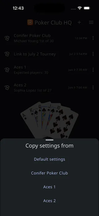 The Copy settings from menu listing Default settings and the existing tournaments
