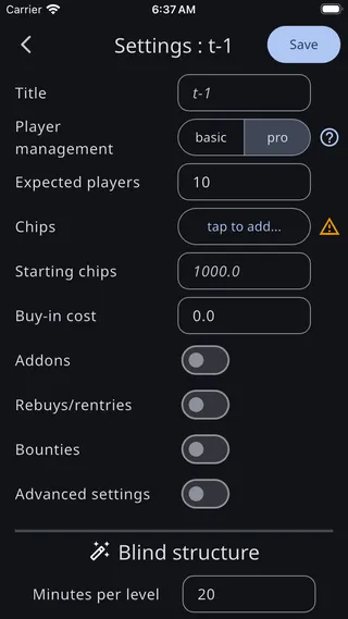 Settings screen