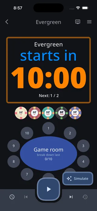 Timer screen of an unstarted tournament with the Simulate button in the lower right