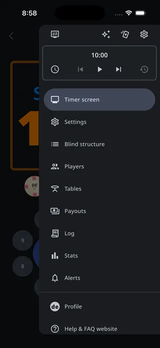 Tournament menu with the Simulate sparkle button in its top row