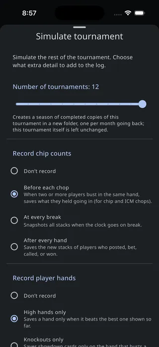 Simulate tournament sheet showing the number of tournaments slider and chip count recording options