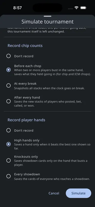 Simulate tournament sheet showing the player hand recording options and the Simulate button